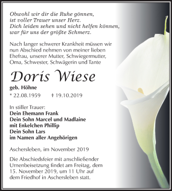 Traueranzeige von Doris Wiese von Super Sonntag Aschersleben