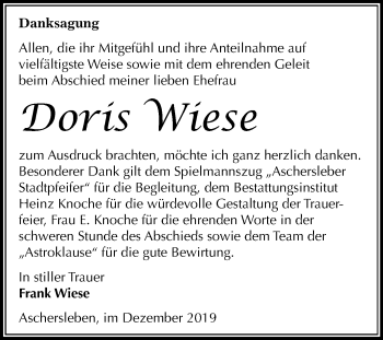 Traueranzeige von Doris Wiese von Mitteldeutsche Zeitung Aschersleben