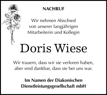 Traueranzeige von Doris Wiese von Super Sonntag Aschersleben