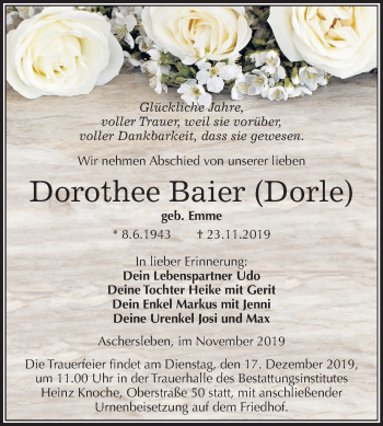 Traueranzeige von Dorothee Baier von Mitteldeutsche Zeitung Aschersleben