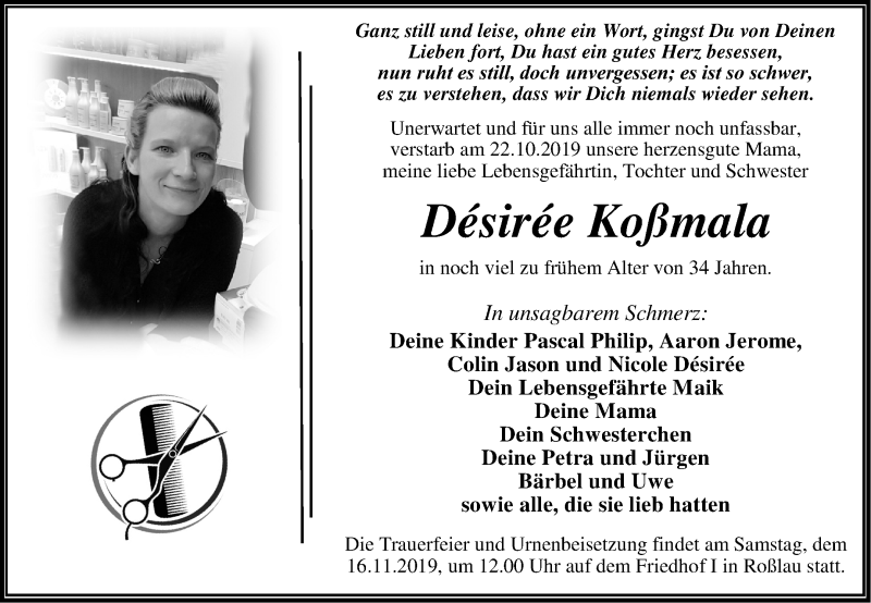  Traueranzeige für Désirée Koßmala vom 02.11.2019 aus Mitteldeutsche Zeitung Dessau-Roßlau