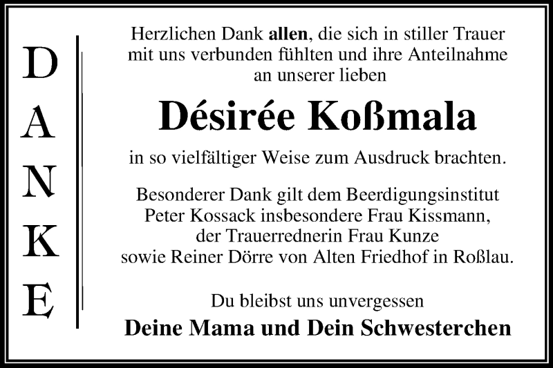  Traueranzeige für Désirée Koßmala vom 30.11.2019 aus Mitteldeutsche Zeitung Dessau-Roßlau