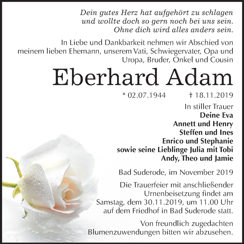  Traueranzeige für Eberhard Adam vom 23.11.2019 aus Super Sonntag Quedlinburg
