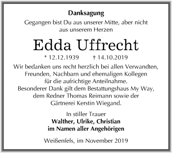 Traueranzeige von Edda Uffrecht von Wochenspiegel Weißenfels