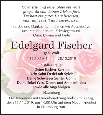Traueranzeige von Edelgard Fischer von Wochenspiegel Naumburg/Nebra