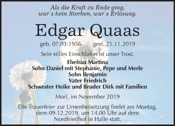 Traueranzeige von Edgar Quaas von Mitteldeutsche Zeitung Halle/Saalkreis