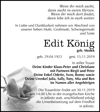 Traueranzeige von Edit König von Wochenspiegel Bitterfeld
