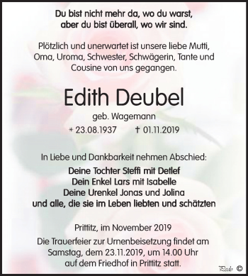 Traueranzeige von Edith Deubel von Mitteldeutsche Zeitung Weißenfels