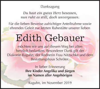 Traueranzeige von Edith Gebauer von Wochenspiegel Bitterfeld