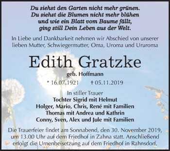 Traueranzeige von Edith Gratzke von Mitteldeutsche Zeitung Wittenberg