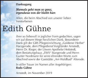Traueranzeige von Edith Gühne von Super Sonntag Mansfelder Land