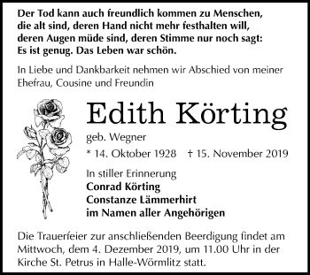 Traueranzeige von Edith Körting von Mitteldeutsche Zeitung Halle/Saalkreis