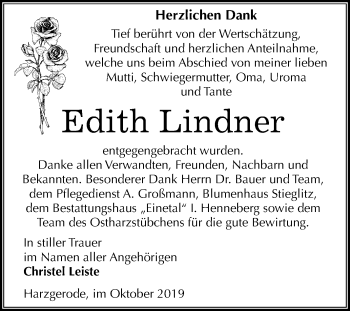 Traueranzeige von Edith Lindner von Super Sonntag Quedlinburg