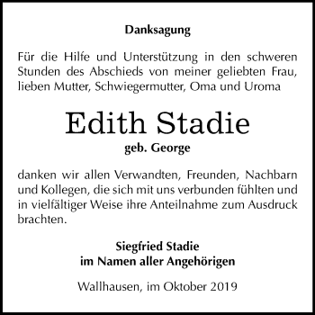 Traueranzeige von Edith Stadie von Mitteldeutsche Zeitung Sangerhausen