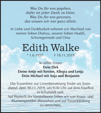 Traueranzeige von Edith Walke von Super Sonntag Merseburg/Querfurt