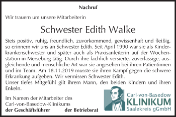 Traueranzeige von Edith Walke von Mitteldeutsche Zeitung Merseburg/Querfurt