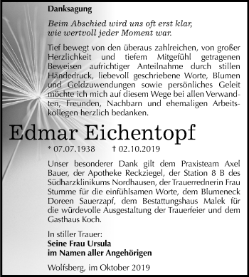Traueranzeige von Edmar Eichentopf von Mitteldeutsche Zeitung Sangerhausen