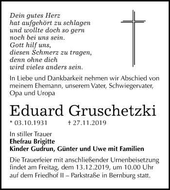 Traueranzeige von Eduard Gruschetzki von Super Sonntag Bernburg