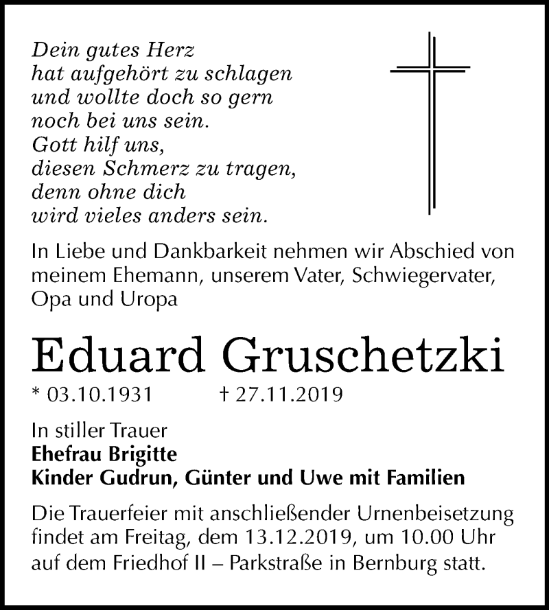  Traueranzeige für Eduard Gruschetzki vom 30.11.2019 aus Mitteldeutsche Zeitung Bernburg