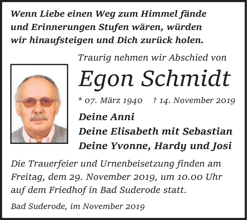  Traueranzeige für Egon Schmidt vom 23.11.2019 aus Super Sonntag Quedlinburg