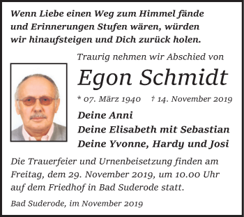 Traueranzeige von Egon Schmidt von Mitteldeutsche Zeitung Quedlinburg