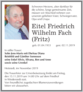 Traueranzeige von Eitel Friedrich Wilhelm Fach von Wochenspiegel Mansfelder Land