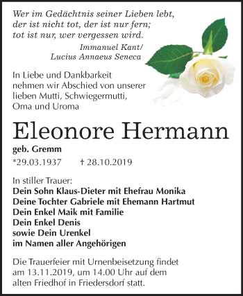 Traueranzeige von Eleonore Hermann von Mitteldeutsche Zeitung Bitterfeld