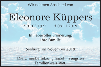 Traueranzeige von Eleonore Küppers von Wochenspiegel Mansfelder Land
