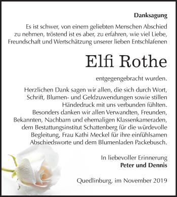Traueranzeige von Elfi Rothe von Super Sonntag Quedlinburg