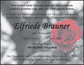 Traueranzeige von Elfriede Brauner von Mitteldeutsche Zeitung Bitterfeld