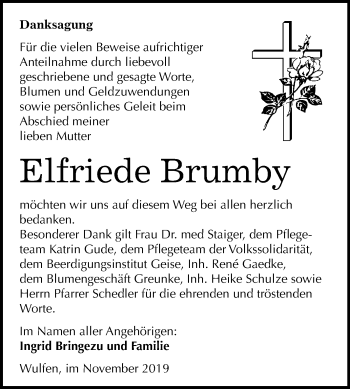 Traueranzeige von Elfriede Brumby von Mitteldeutsche Zeitung Köthen