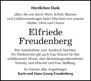 Traueranzeige von Elfriede Freudenberg von Super Sonntag Merseburg/Querfurt