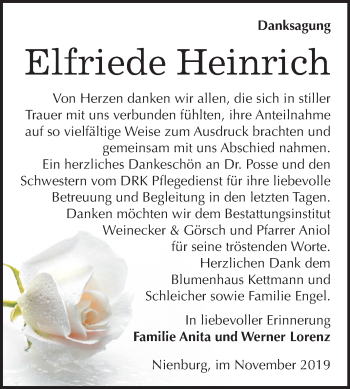 Traueranzeige von Elfriede Heinrich von Mitteldeutsche Zeitung Bernburg
