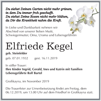 Traueranzeige von Elfriede Kegel von Mitteldeutsche Zeitung Merseburg/Querfurt
