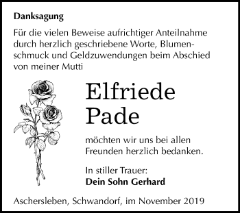 Traueranzeige von Elfriede Pade von Super Sonntag Aschersleben