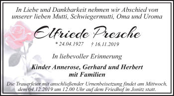 Traueranzeige von Elfriede Presche von Mitteldeutsche Zeitung Dessau-Roßlau
