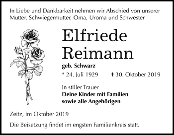 Traueranzeige von Elfriede Reimann von Super Sonntag Zeitz