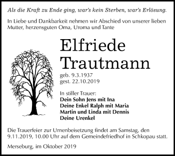 Traueranzeige von Elfriede Trautmann von Mitteldeutsche Zeitung Merseburg/Querfurt