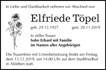 Traueranzeige von Elfriede Töpel von Mitteldeutsche Zeitung Bernburg