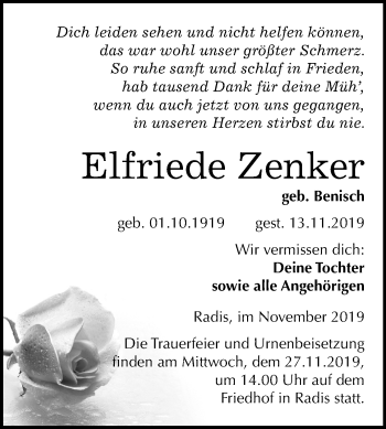 Traueranzeige von Elfriede Zenker von Super Sonntag Wittenberg