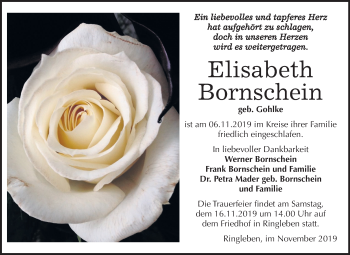 Traueranzeige von Elisabeth Bornschein von Wochenspiegel Naumburg/Nebra