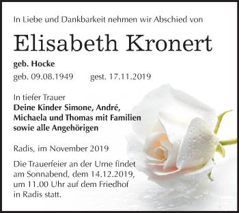 Traueranzeige von Elisabeth Kronert von Super Sonntag Wittenberg