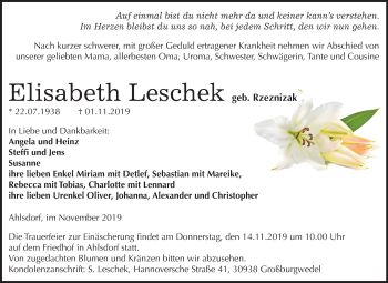 Traueranzeige von Elisabeth Leschek von Super Sonntag Mansfelder Land