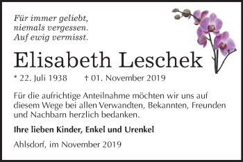 Traueranzeige von Elisabeth Leschek von Mitteldeutsche Zeitung Mansfelder Land