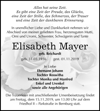 Traueranzeige von Elisabeth Mayer von Super Sonntag Bernburg