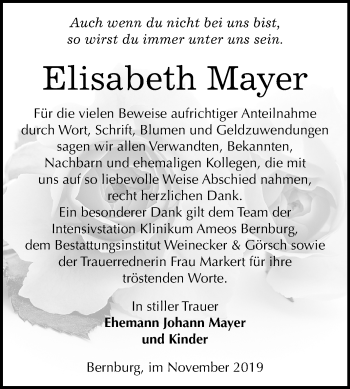 Traueranzeige von Elisabeth Mayer von Mitteldeutsche Zeitung Bernburg