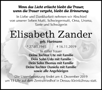Traueranzeige von Elisabeth Zander von Super Sonntag Dessau-Roßlau