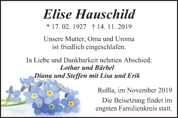 Traueranzeige von Elise Hauschild von Mitteldeutsche Zeitung Sangerhausen