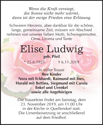 Traueranzeige von Elise Ludwig von Super Sonntag Dessau-Roßlau / Köthen