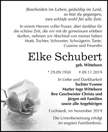 Traueranzeige von Elke Schubert von Super Sonntag Aschersleben